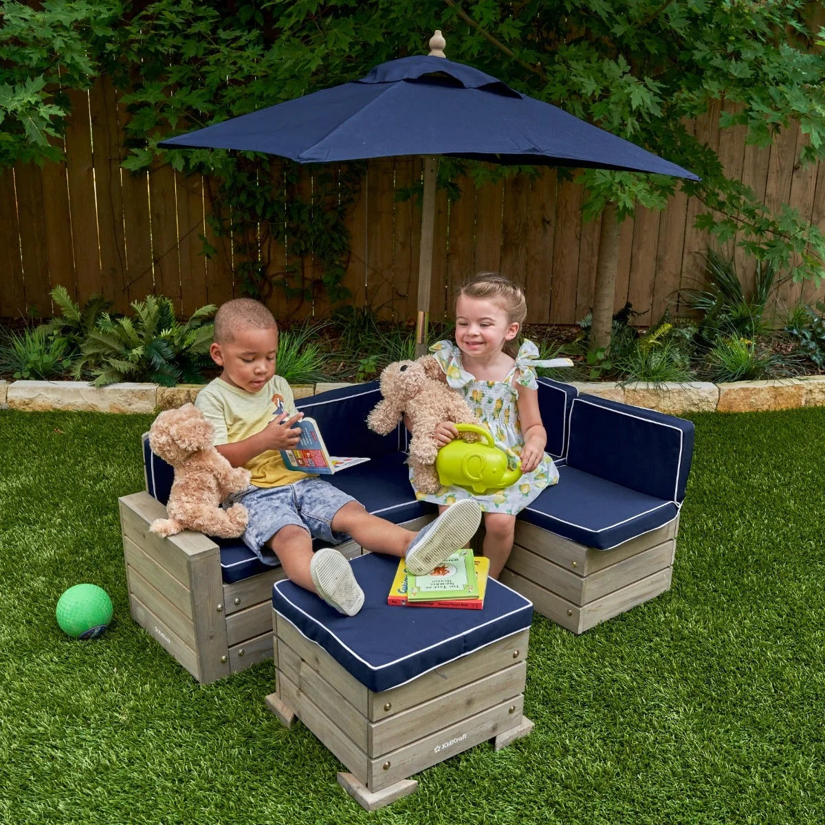 Outdoor Sectional, Ottoman & Umbrella Set - Barnwood Gray & Navy