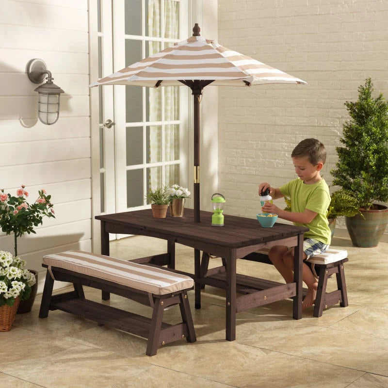 Outdoor Table & Bench Set with Cushions & Umbrella - Oatmeal & White Stripes