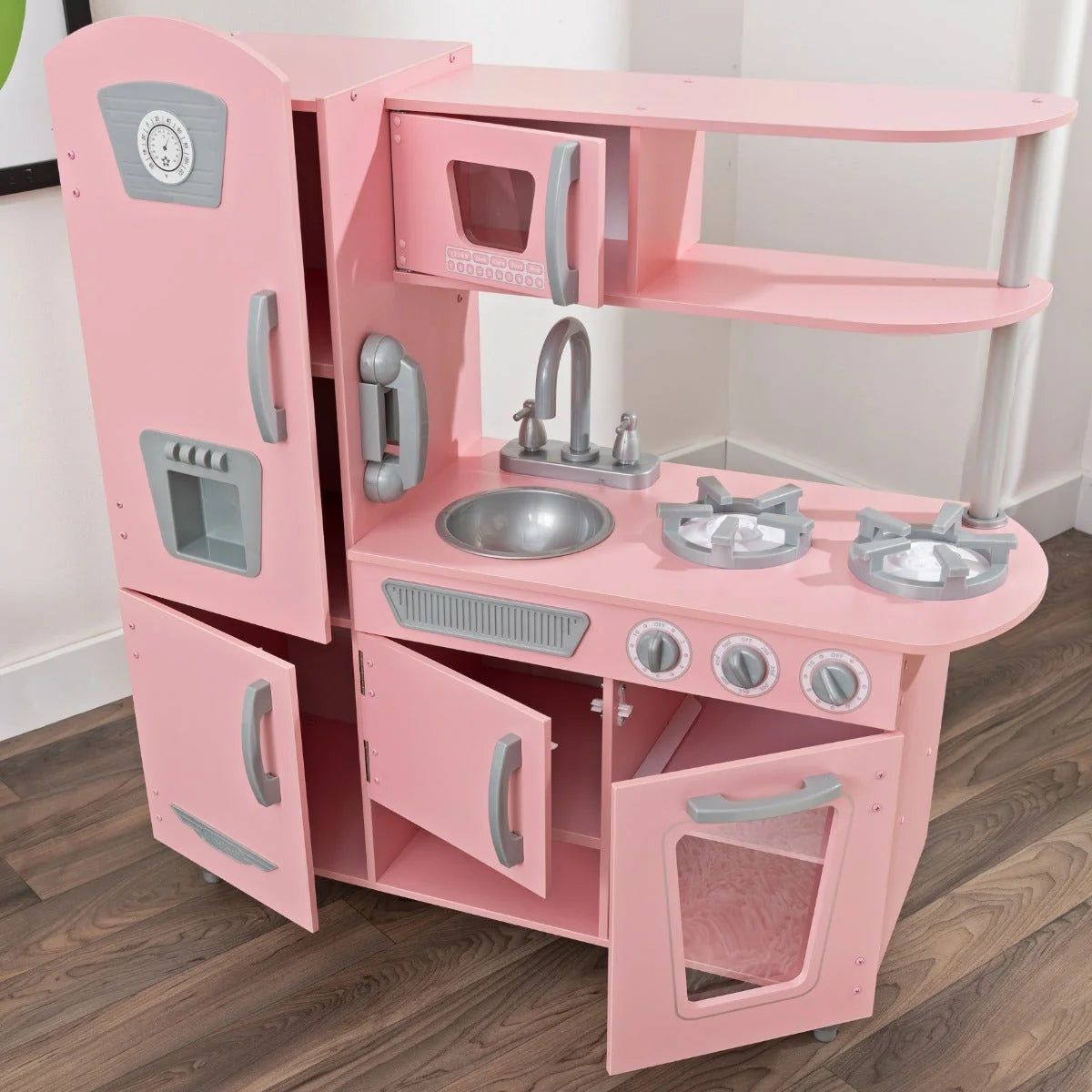 Vintage Play Kitchen - Pink with Stainless Steel Fixtures & Ice Maker