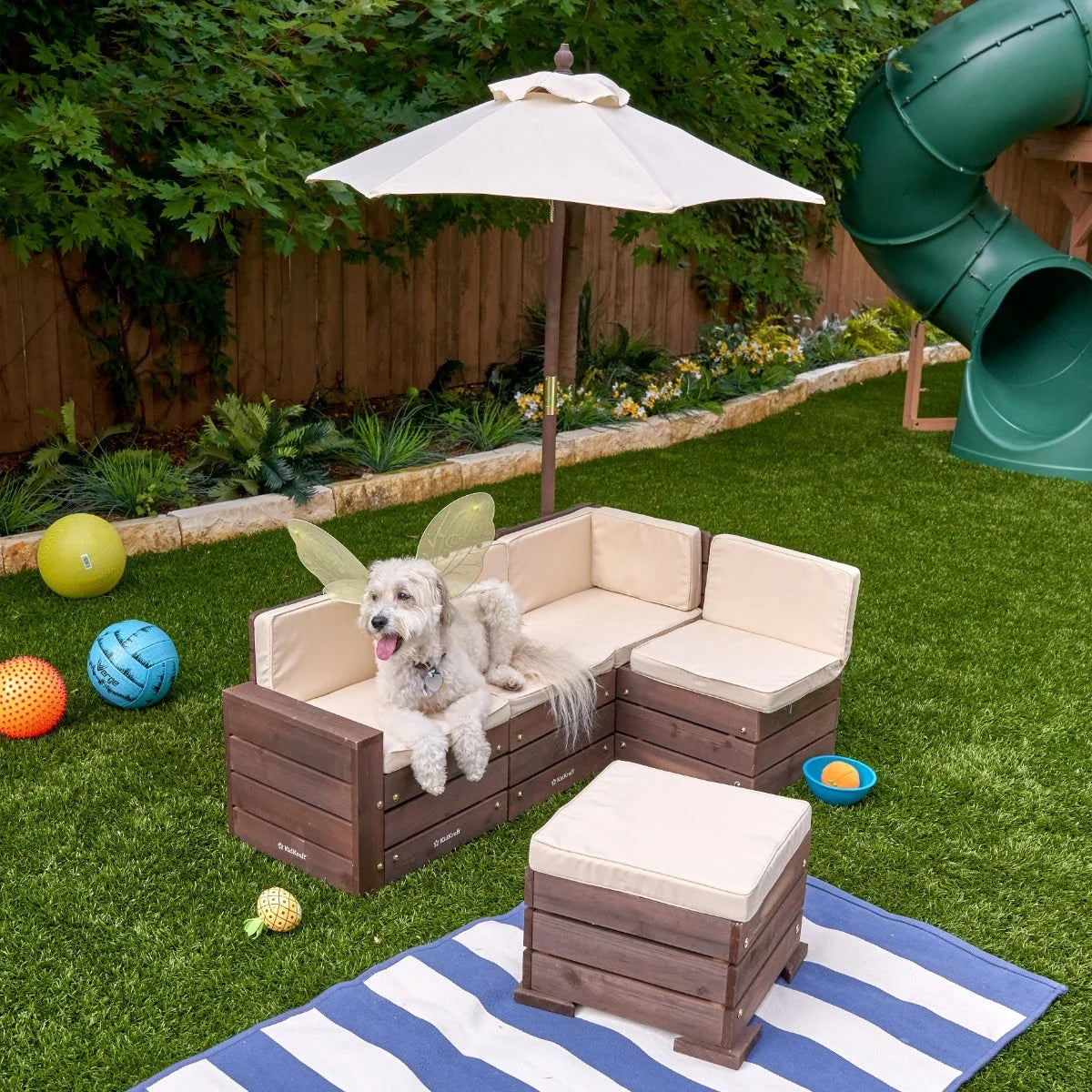 Outdoor Sectional Ottoman & Umbrella Set- Bear Brown & Beige