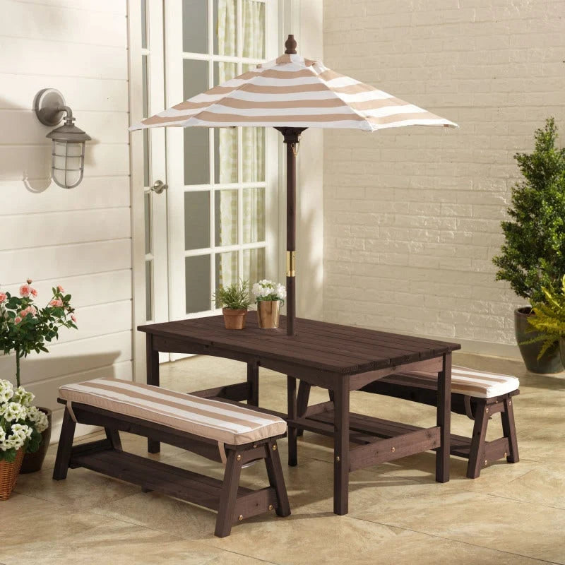 Outdoor Table & Bench Set with Cushions & Umbrella - Oatmeal & White Stripes