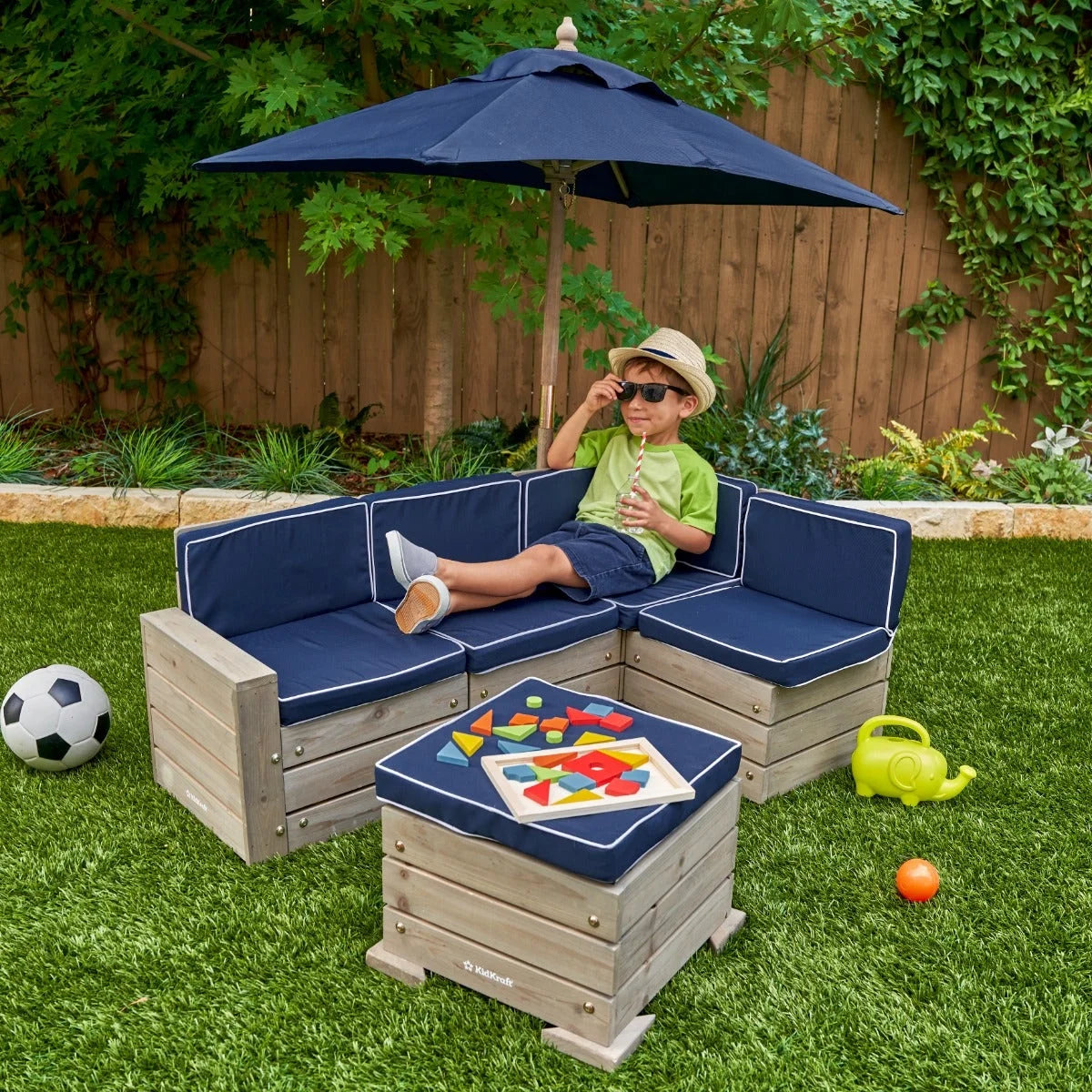 Outdoor Sectional, Ottoman & Umbrella Set - Barnwood Gray & Navy